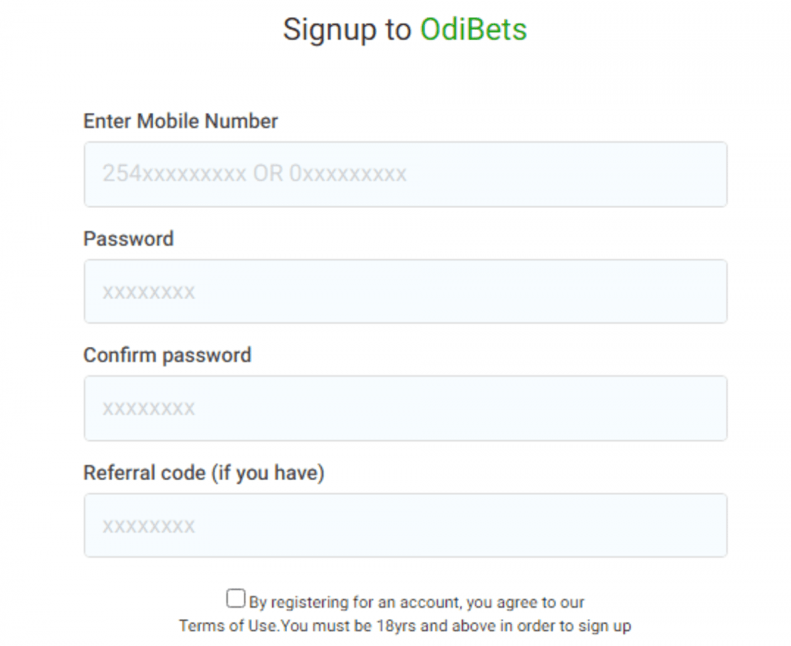 Odibets Registration form.